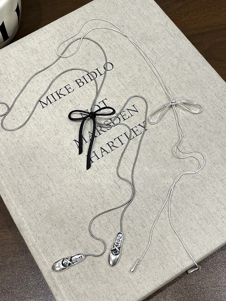 合金项链 芭蕾风蝴蝶结舞鞋项长款小众设计蛇骨链钛钢可抽拉锁骨