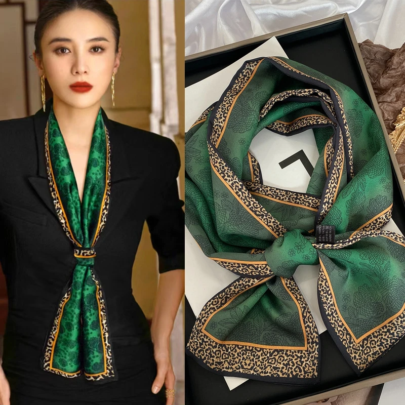 欧美豹纹图案仿丝小丝巾时尚长条平角领巾装饰围脖优雅气质围巾