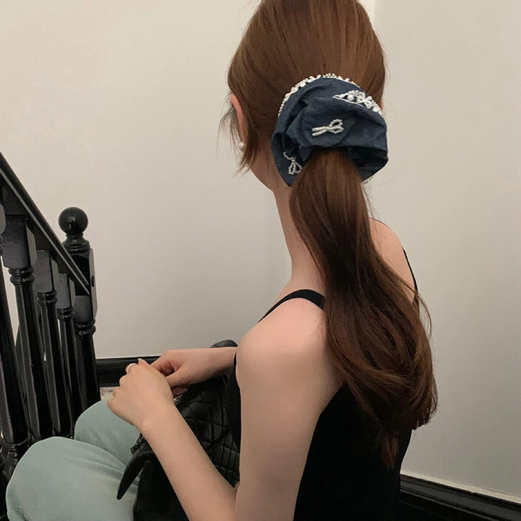 蝴蝶结发圈深蓝牛仔色高级感蝴蝶结蕾丝边大肠圈发绳发饰