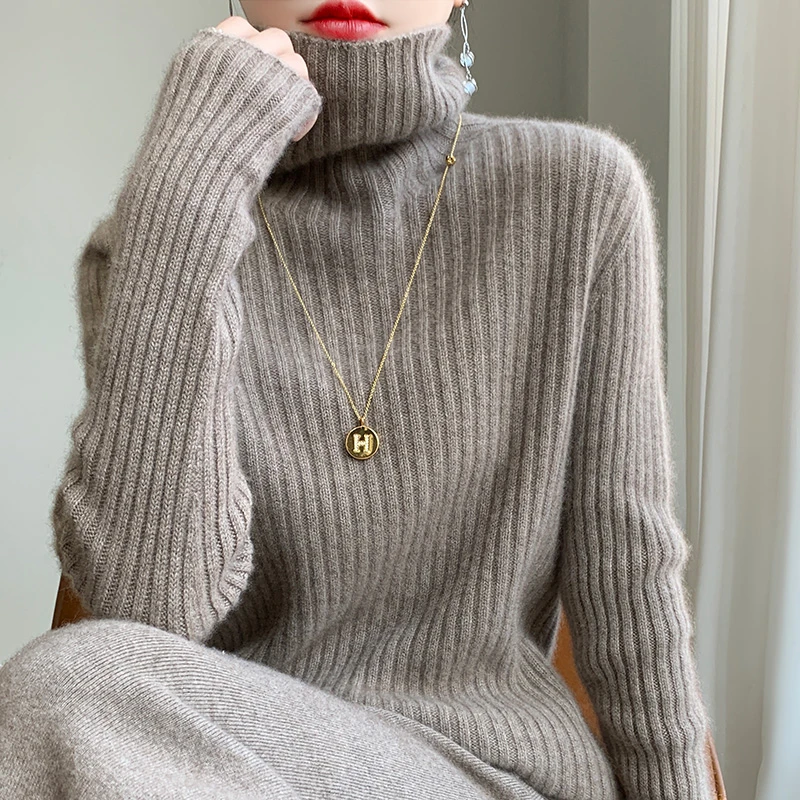 加厚 宽松抽条高翻领 韩版100纯羊毛衫高领保暖针织衫毛衣2356