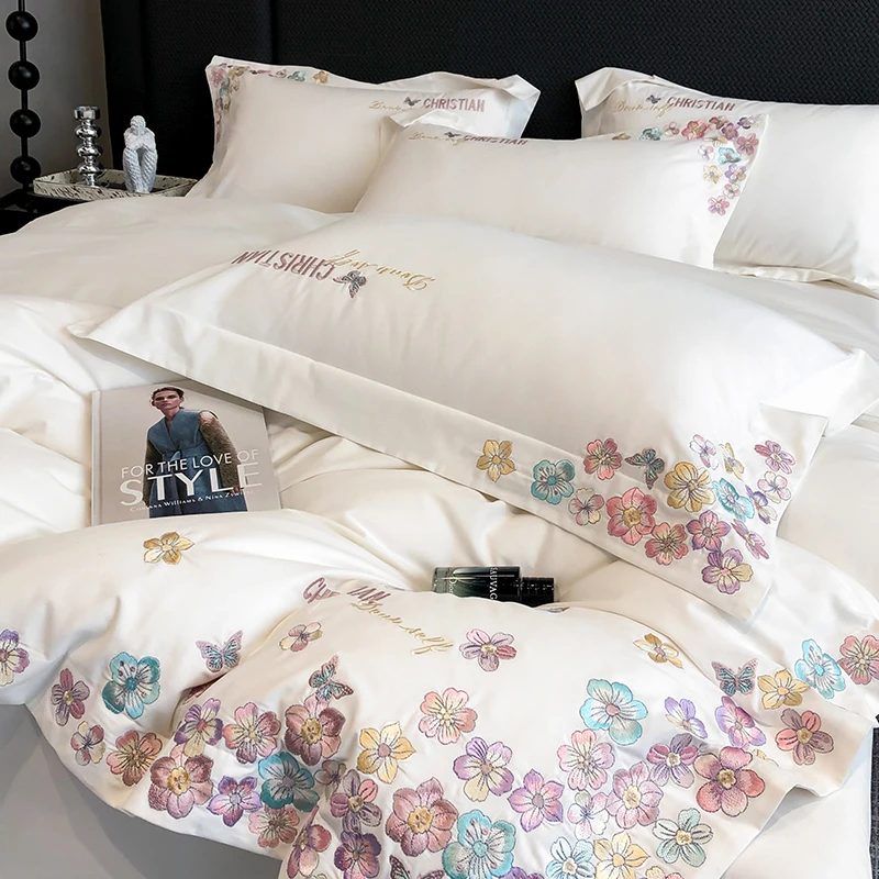 秋冬纯棉磨毛四件套高级感母婴级A类全棉粉色刺绣被套床单款床品4