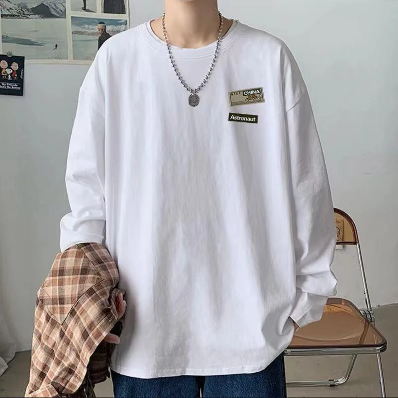 纯棉大码2-300斤春秋新款宽松显瘦港版简约设计氛围感穿搭长袖T恤