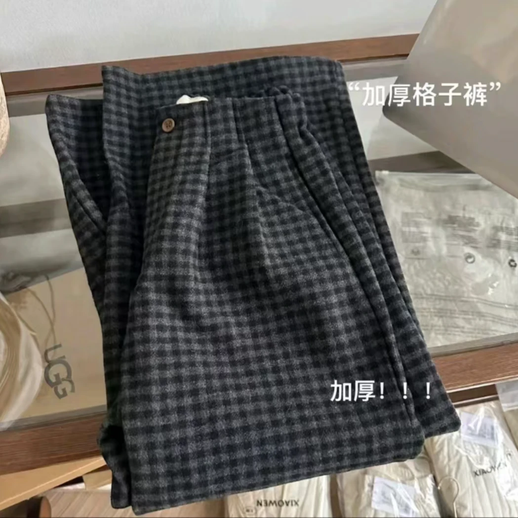 秋冬新款加厚复古格子裤女半松紧腰垂感宽松百搭显瘦经典阔腿裤