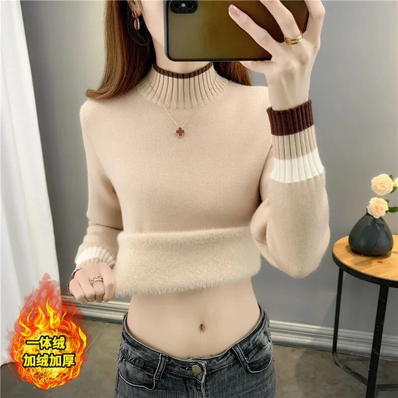 【一体绒】2025秋冬新款半高领毛衣女加绒加厚内搭针织打底衫上衣