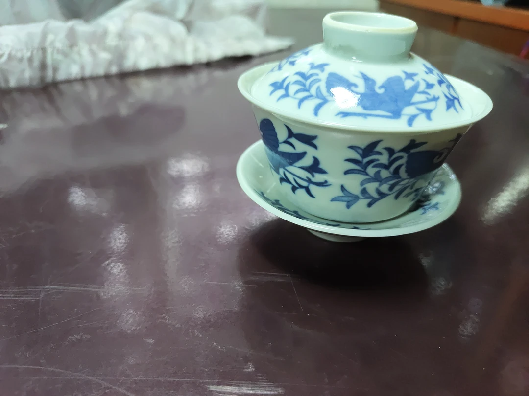 青花柴窑手工手绘花鸟盖碗
