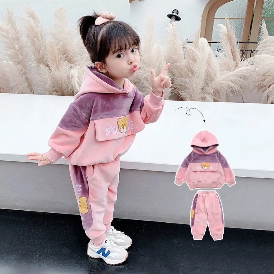 女童运动套装加绒加厚2023新款秋冬儿童洋气两件套时髦女宝宝冬装