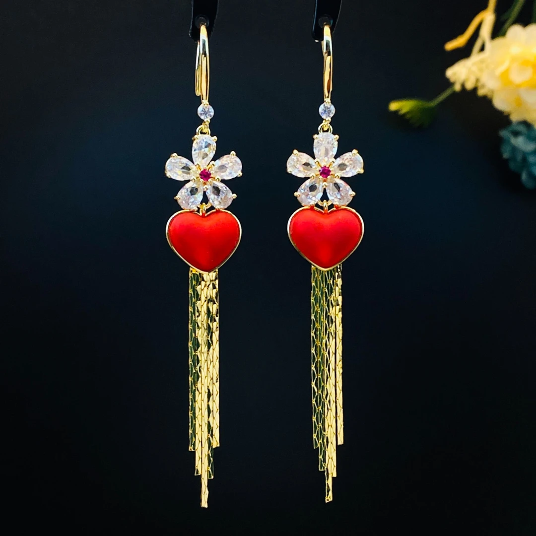 铜合金合成锆石耳饰 气质浪漫轻奢百搭爱心小花长款耳环流苏200