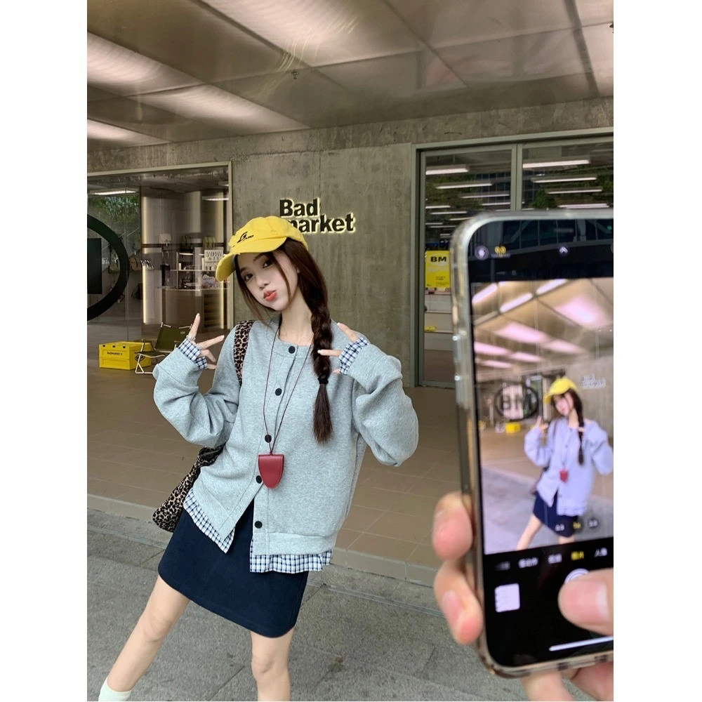 【现货】假两件格子拼接百搭卫衣外套秋季小众设计长袖棒球服上衣女