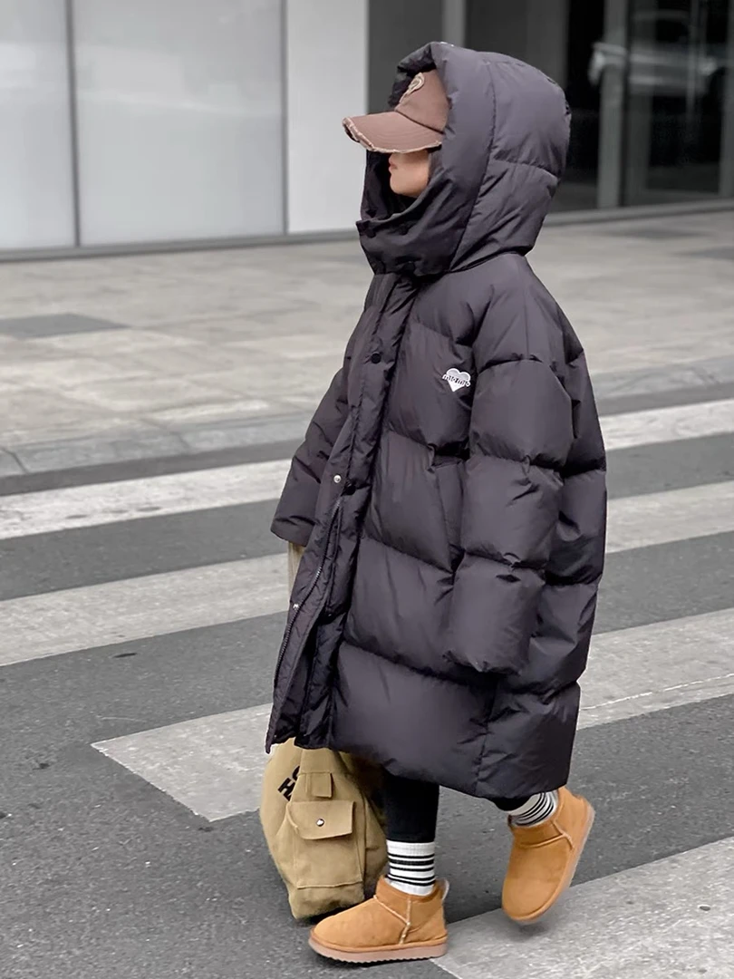 小宝超人儿童羽绒服女童中大童加厚中长款宽松连帽冬季亲子羽绒服