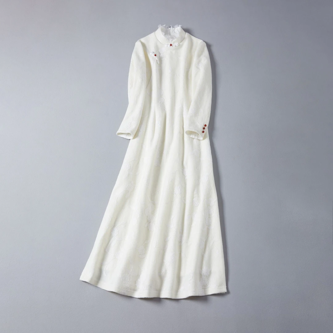 翰墨云汐中式古风改良奥戴旗袍裙立领盘扣蕾丝针织提花连衣裙