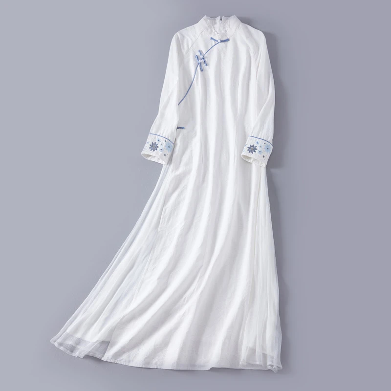 翰墨云汐2024新款民族风茶服改良汉服立领绣花棉提花奥戴连衣裙女