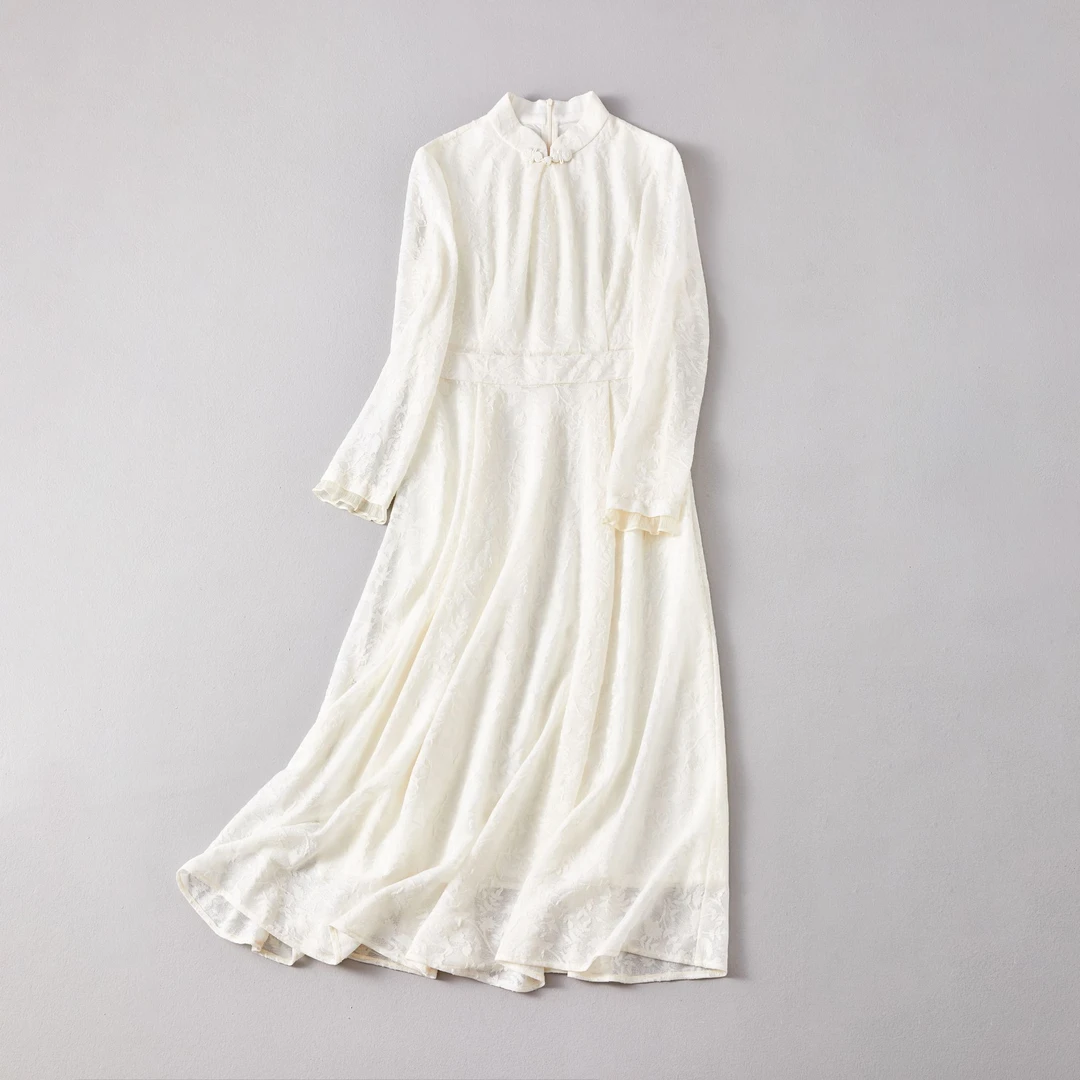 翰墨云汐中国风女装中式立领茶服裙毛织提花九分袖A字大摆连衣裙