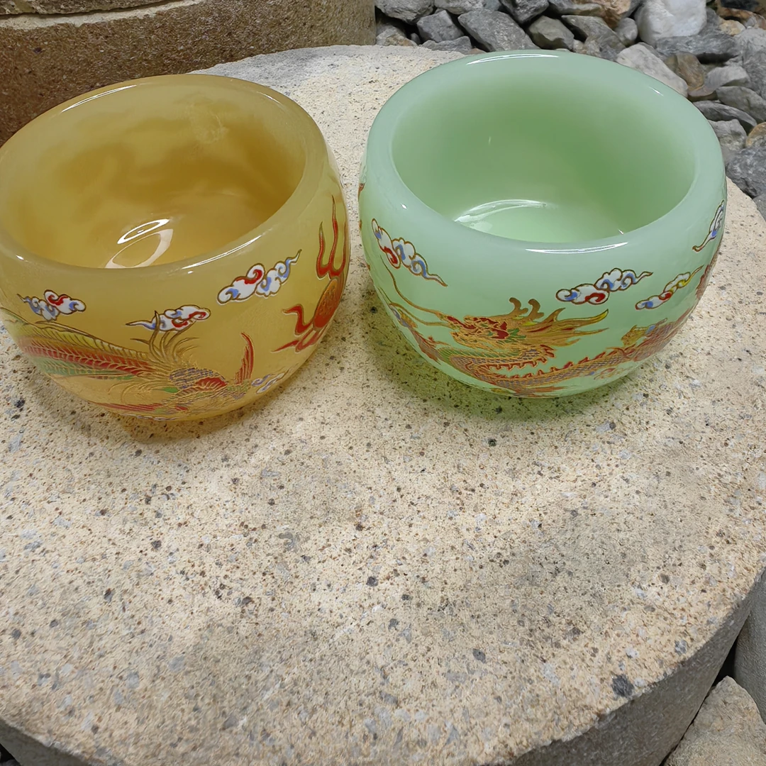 D【闪购商品】绿黄龙凤戏珠对杯 精美无暇  茶杯 主人杯 （无礼盒）