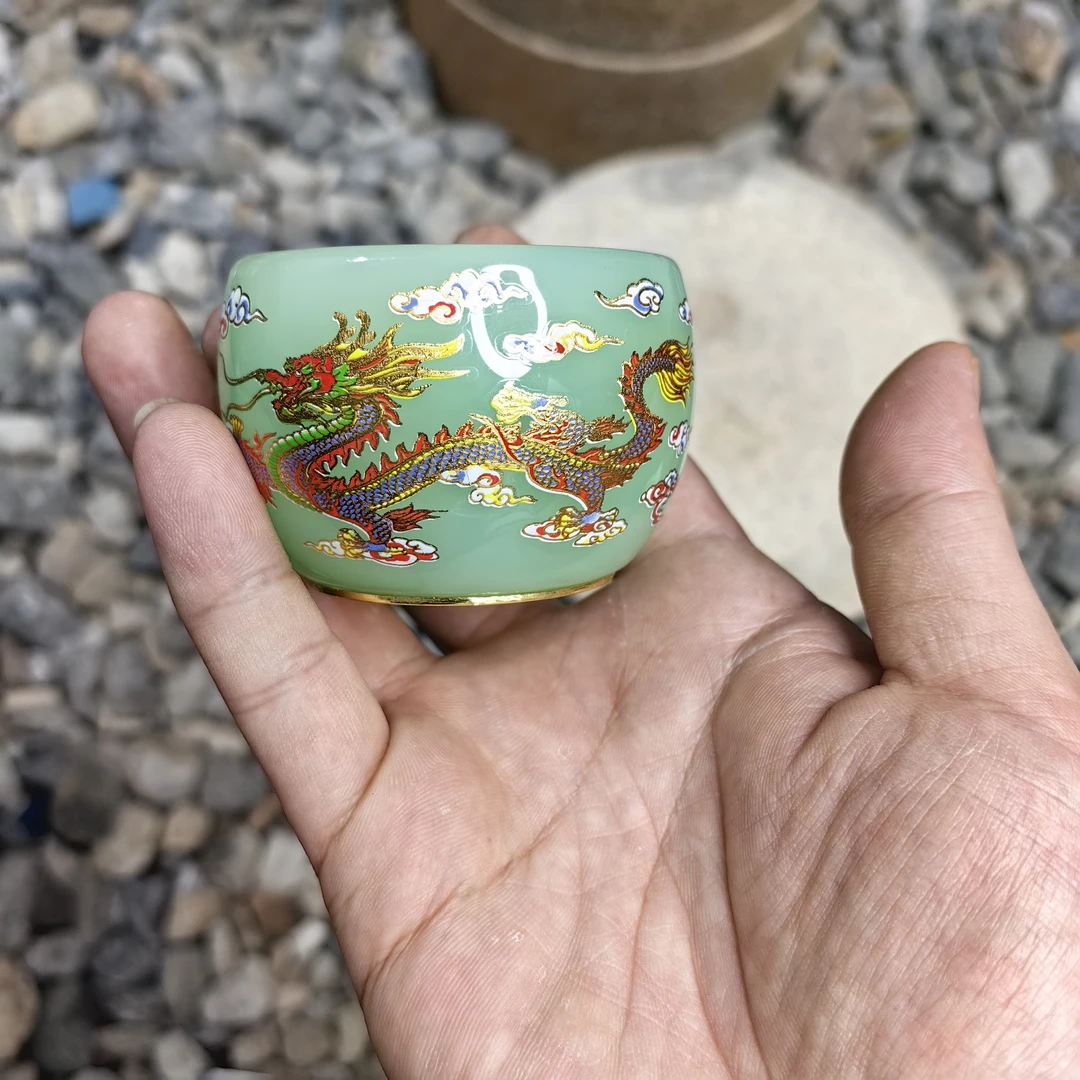 g闪购商品】绿龙凤戏珠 精美无暇 茶器 茶杯 主人杯（无礼盒）
