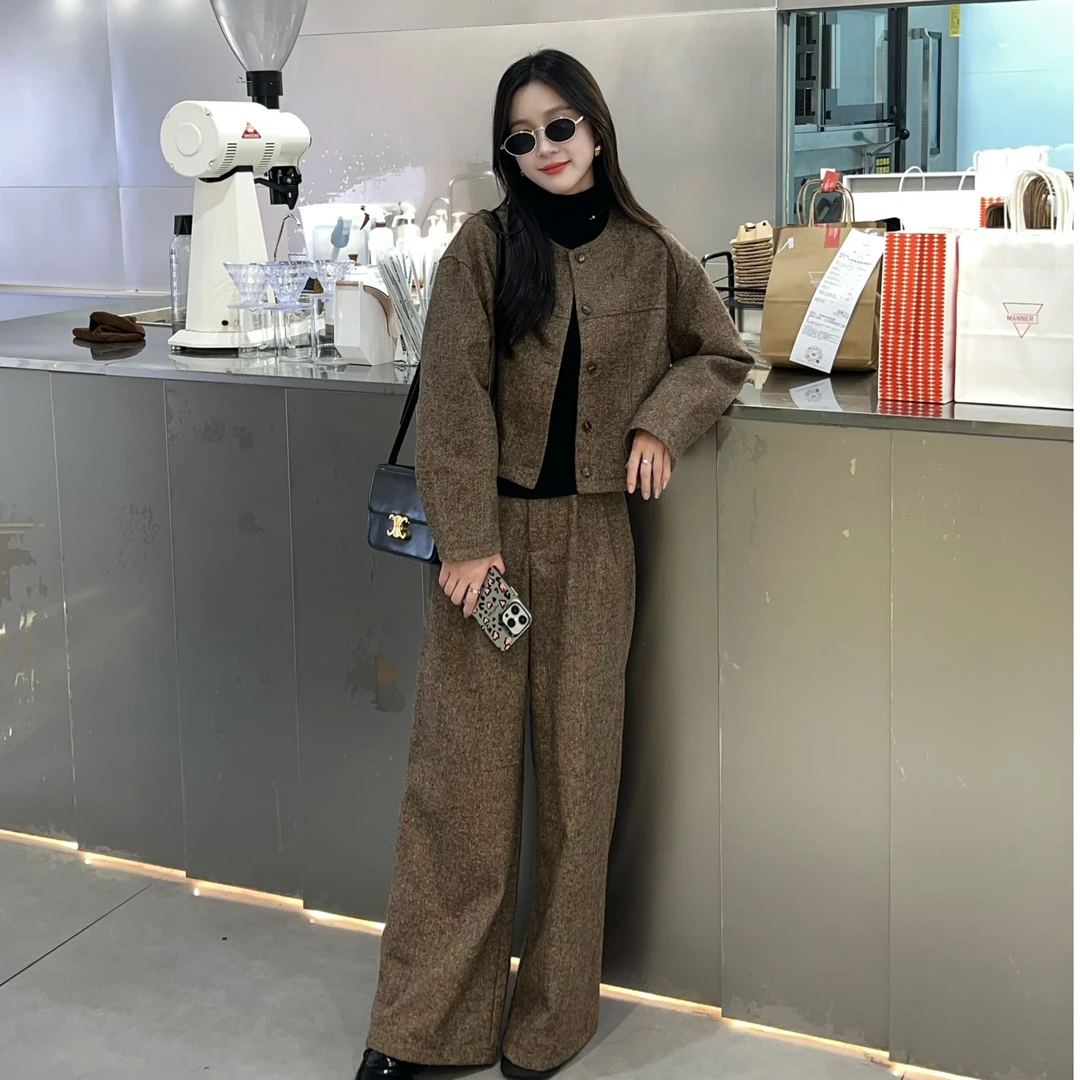 【大昱专属】秋冬羊毛加棉款单排扣圆领长袖外套裤子