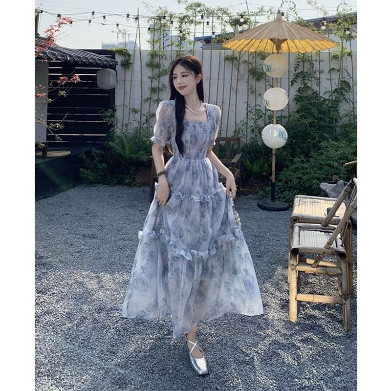 超仙蓝色水墨画碎花连衣裙女气质收腰显瘦方领裙子2024年夏季新款