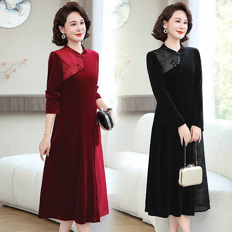 中老年妈妈2024秋季新款国风新中式长袖连衣裙气质优雅长袖长裙