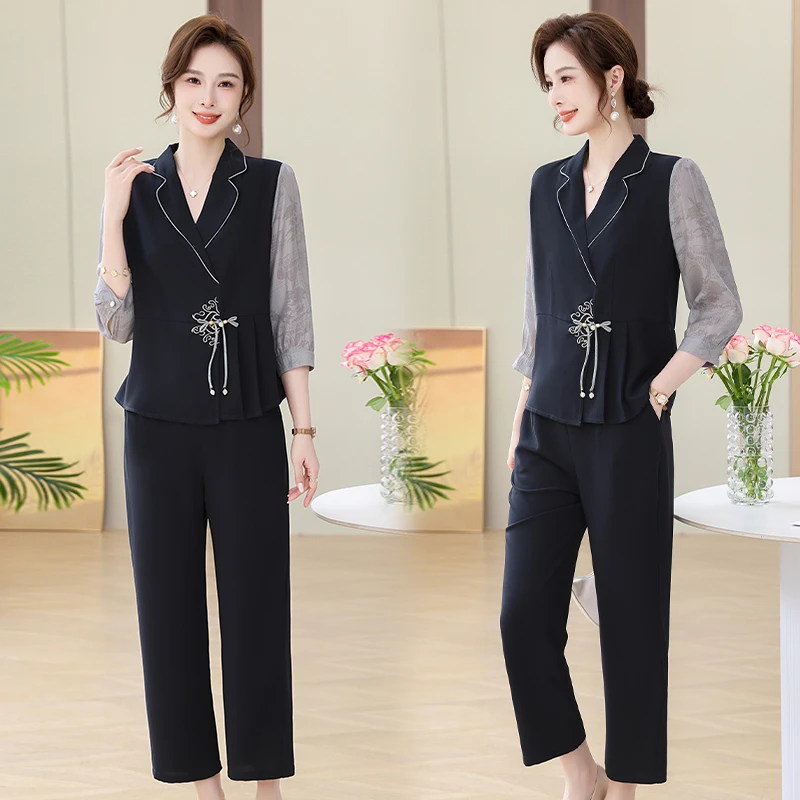 中年妈妈装夏装七分袖时尚套装洋气气质减龄显瘦中老年女装两件套