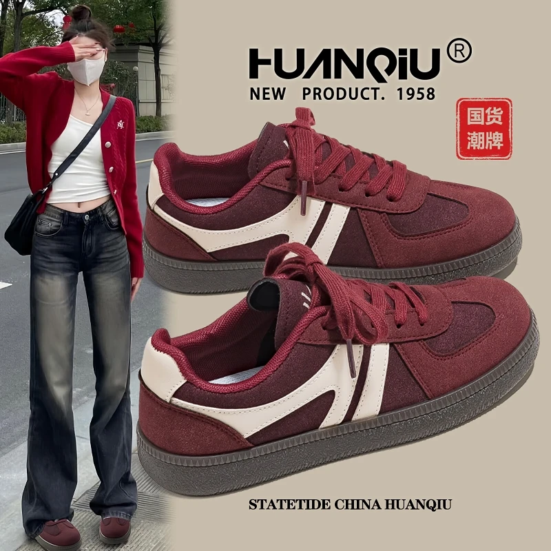 环球酒红色德训鞋女2025新款春季港风复古百搭学生休闲轻便板鞋子