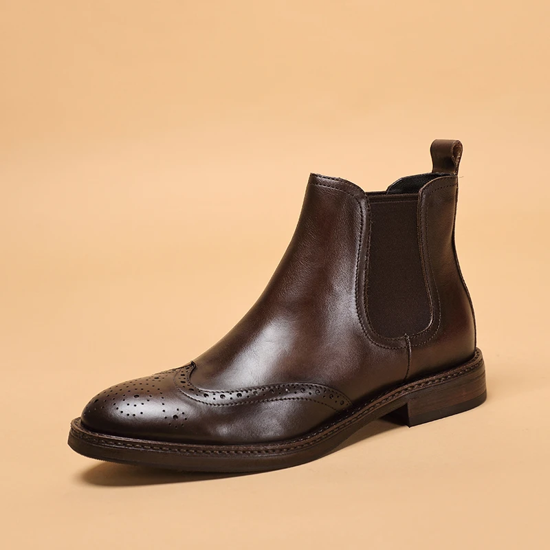 复古英伦风 布洛克男士切尔西靴 真皮男靴 秋冬中帮靴子 厚底