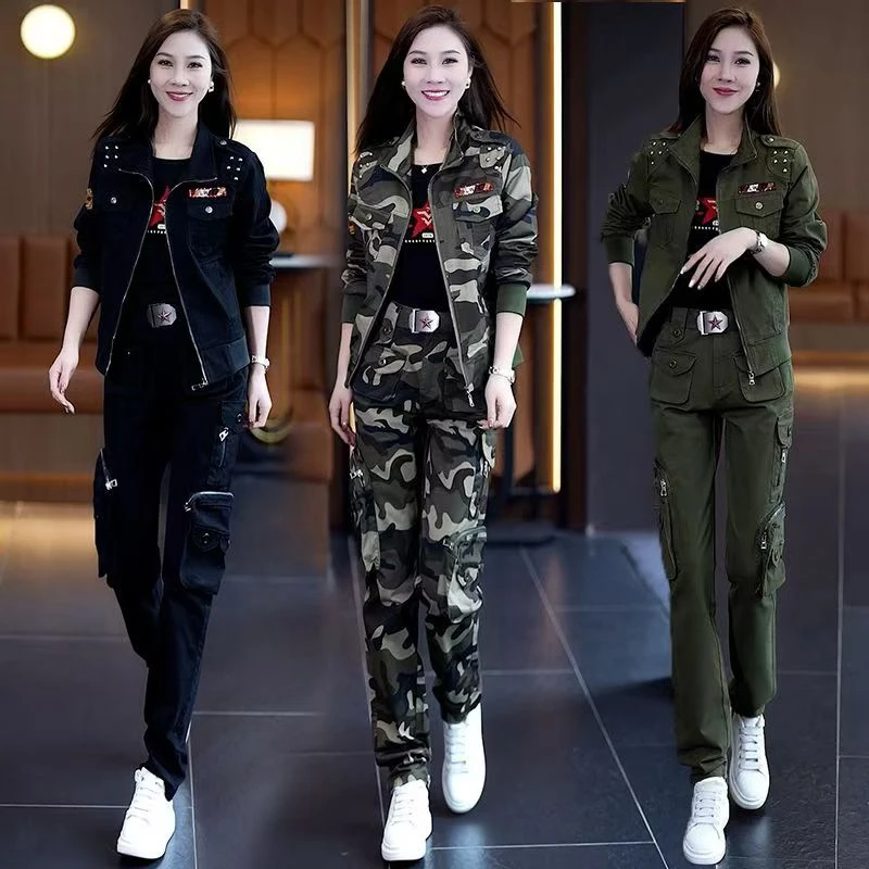 W春装新款迷彩服套装女士工装裤束脚外套短款劳保显瘦运动两件套