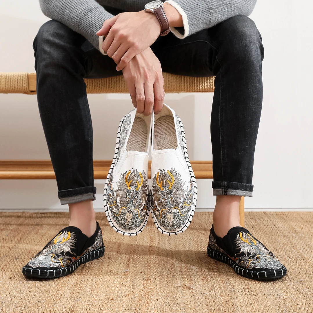 老北京官方正品纯手工千层底中国风绣花布鞋男透气防臭一脚蹬软底
