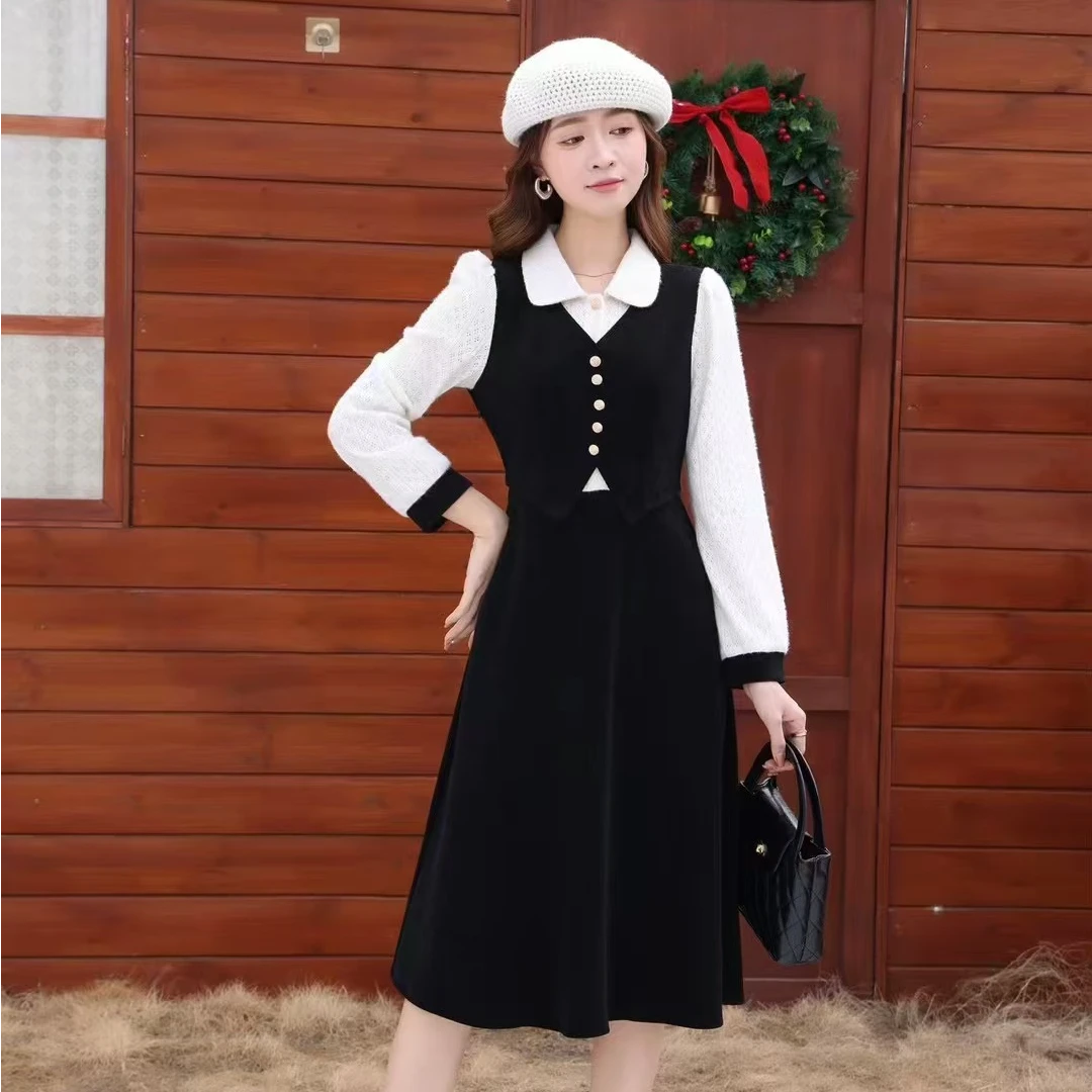 【意佳服饰】法式复古假两件连衣裙女冬季新款时尚减龄气质款连衣裙