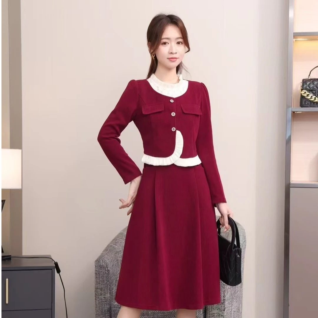 【专柜定制】小个子假两件蕾丝拼接秋冬法式时尚洋气修身显瘦连衣裙