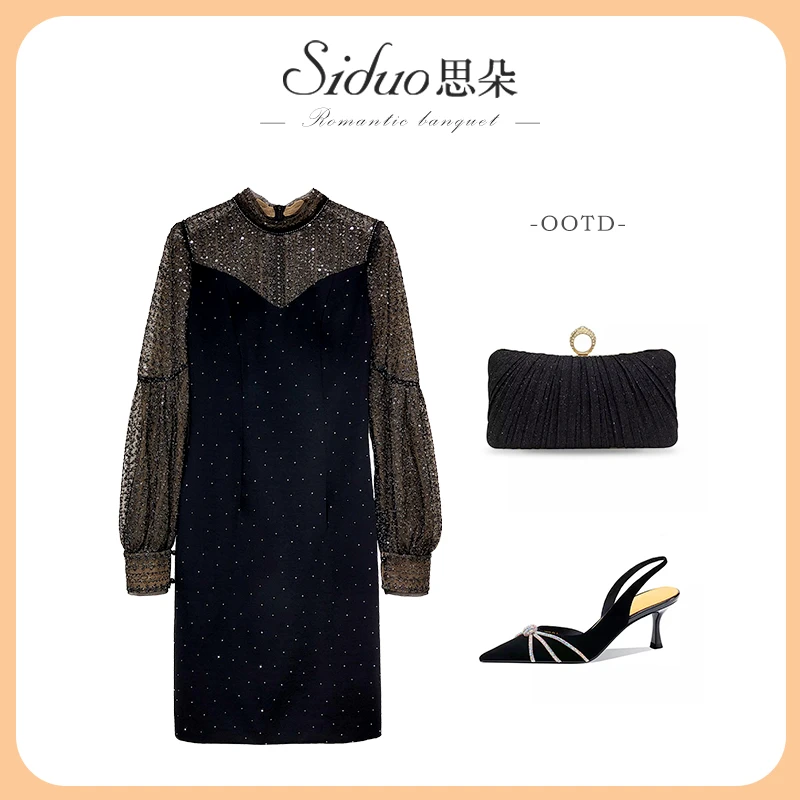 【芊彩艺】Y24143礼服裙女黑色秋冬蕾丝钉珠名媛晚宴日常可穿连衣裙