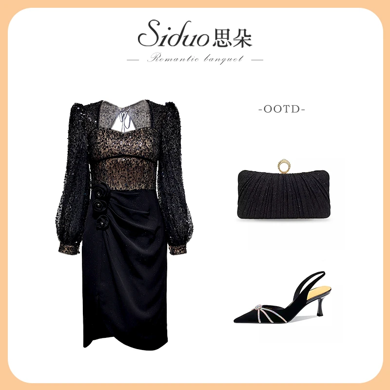 【芊彩艺】Y24253礼服裙女蕾丝亮片手工玫瑰小众设计镂空性感连衣裙