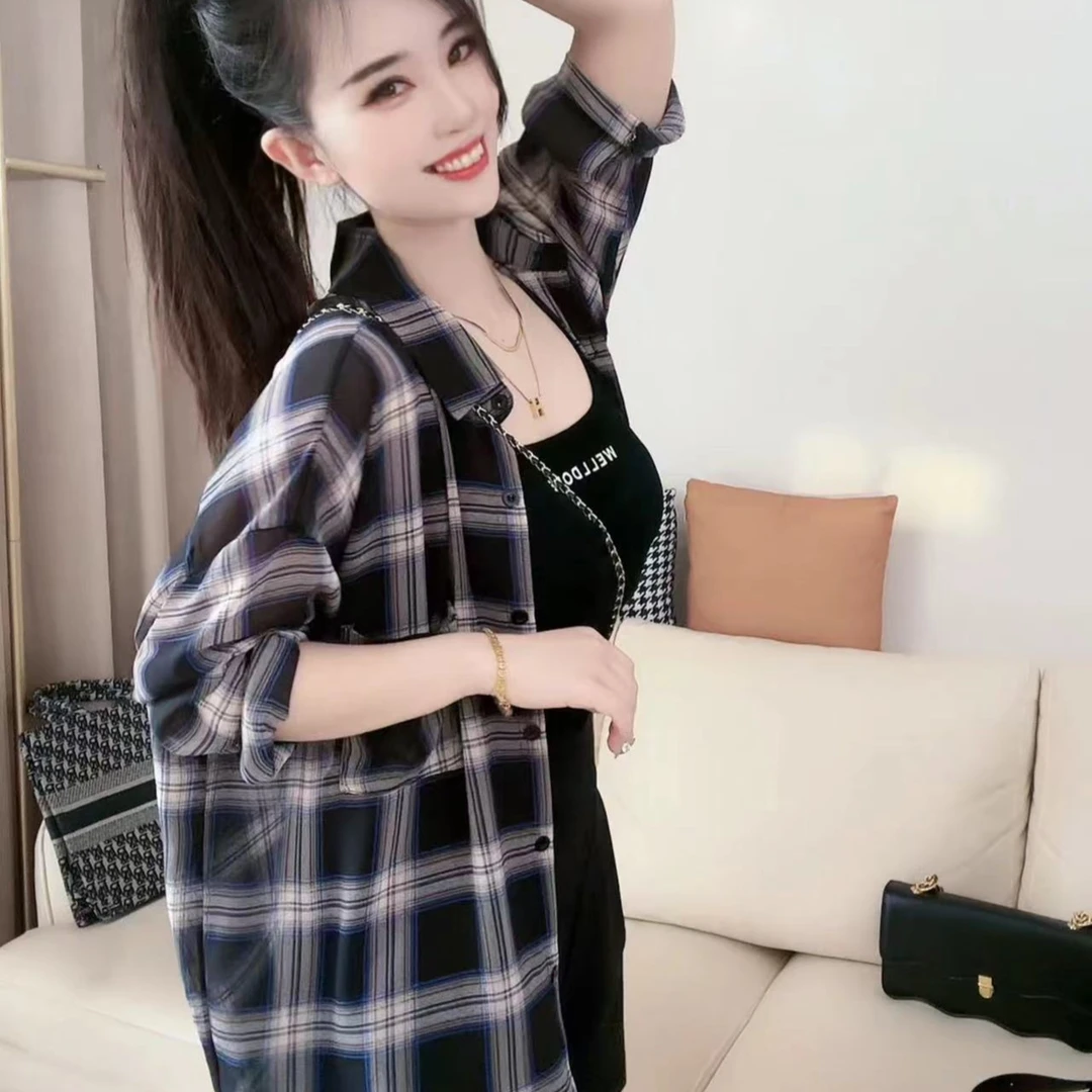 【遇见衣品】欧货小众洋气格子长袖衬衫上衣防晒衣宽松女装新款