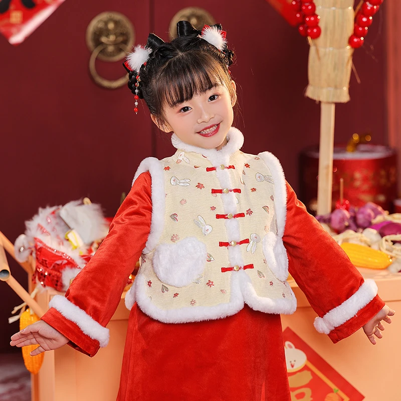 西子问女童汉服【禾圆】拜年服套装儿童周岁礼服冬季保暖旗袍原创