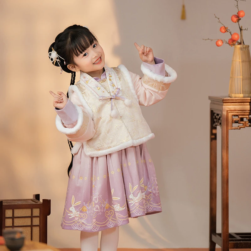 西子问女童汉服【熙盈】冬款加厚童装拜年服古风汉元素套装