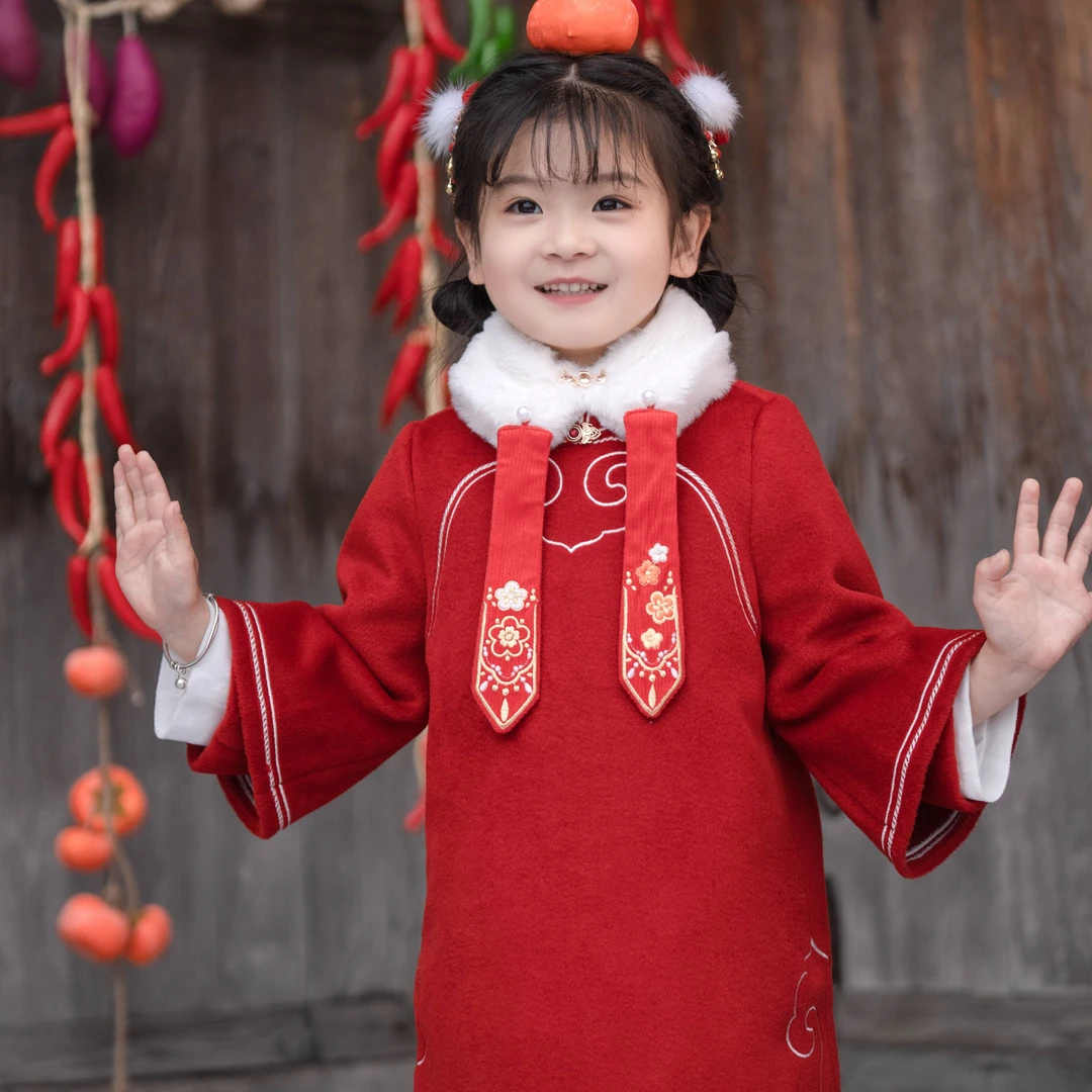 西子问女童汉服【吉月】冬款加厚童装拜年服古风汉元素旗袍
