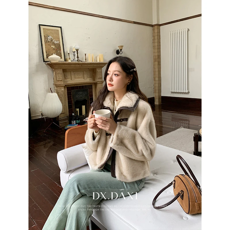 代大喜【奶咖双拼】休闲宽松百搭短款毛毛外套24冬款显瘦上衣棉服