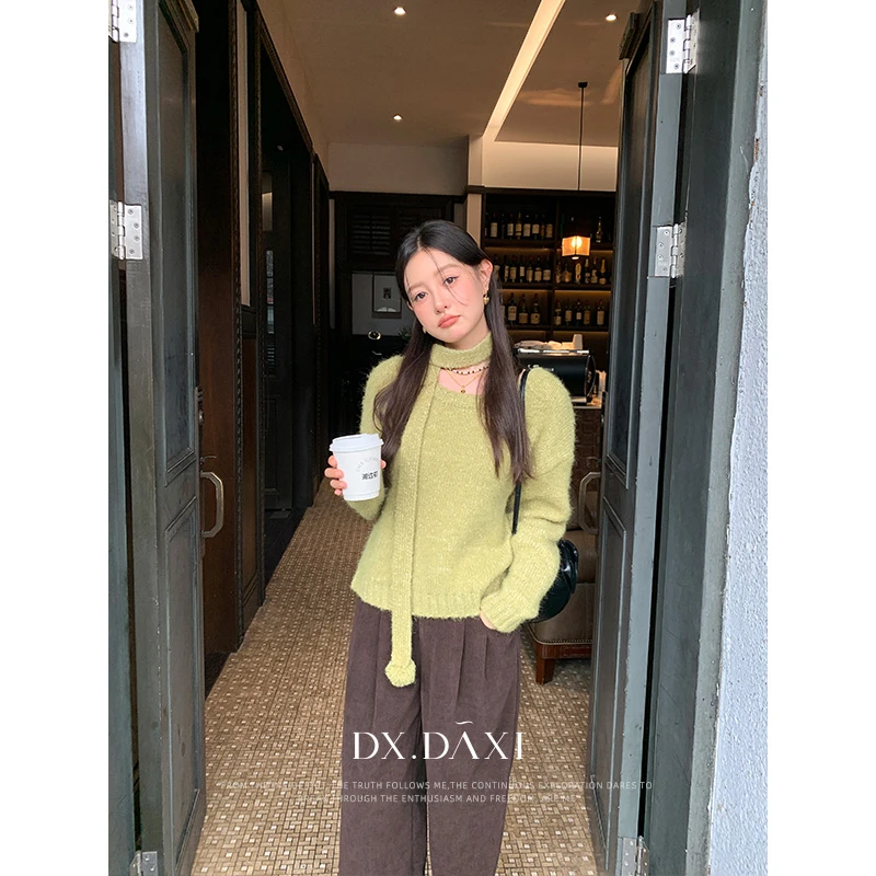 DX.DAXI【捡秋日记】宽松慵懒圆领飘带上衣绿色秋季新款毛衣针织衫