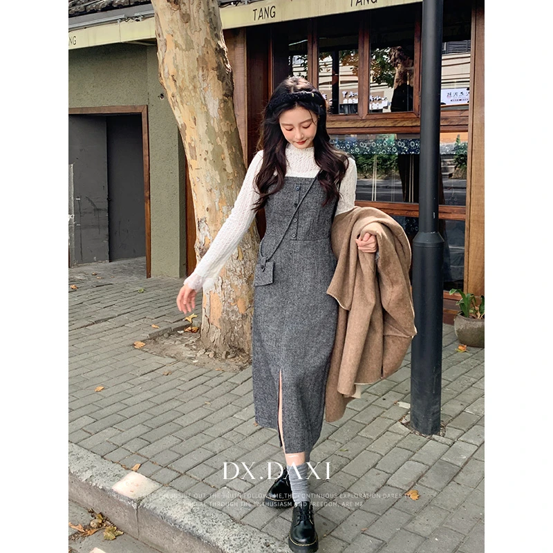 代大喜【月影小灰裙】开叉复古吊带气质宽松连衣裙冬季新款中长裙