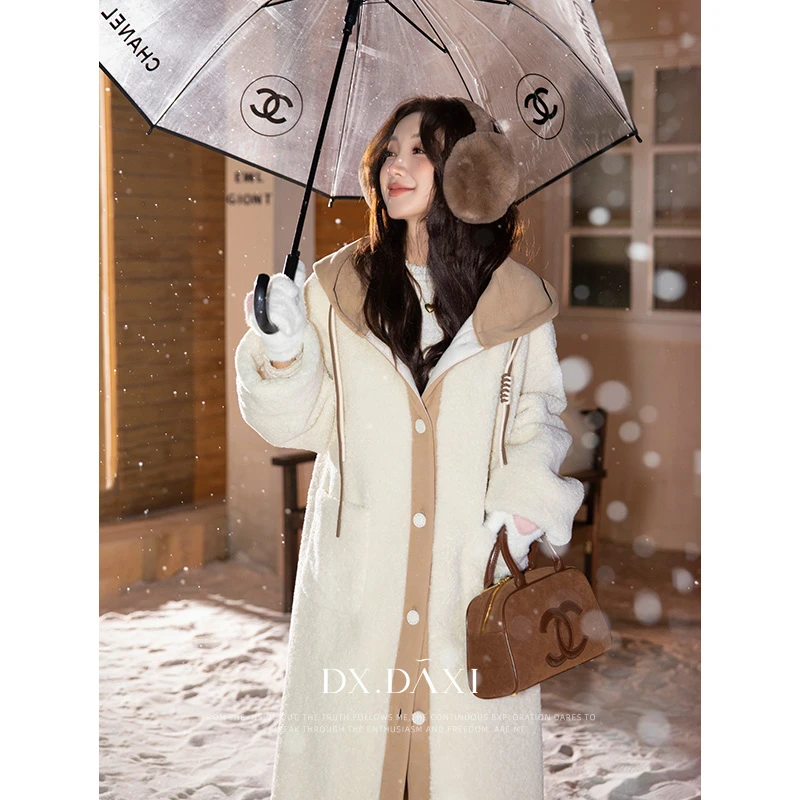 代大喜【奶油欧包】宽松百搭连帽中长款毛外套女秋冬2024新款大衣