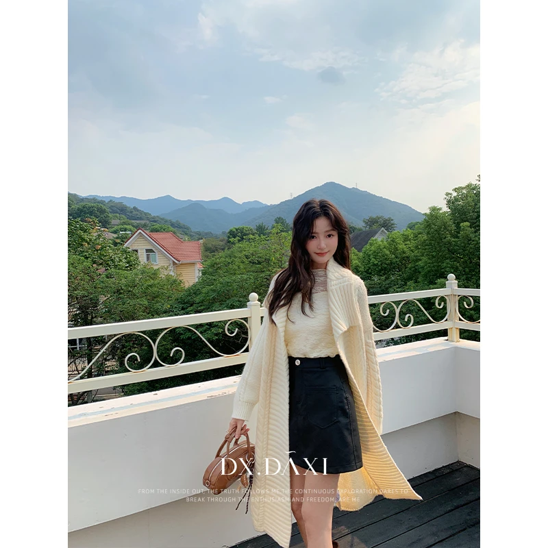 DX.DAXI【大被子】氛围感宽松翻领针织开衫长款秋新款纯色毛衣外套