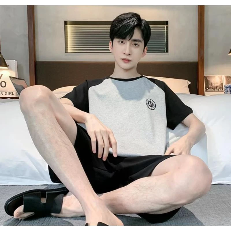 高品质男士家居服简约休闲运动风短袖短裤睡衣套装（黑灰M字母）
