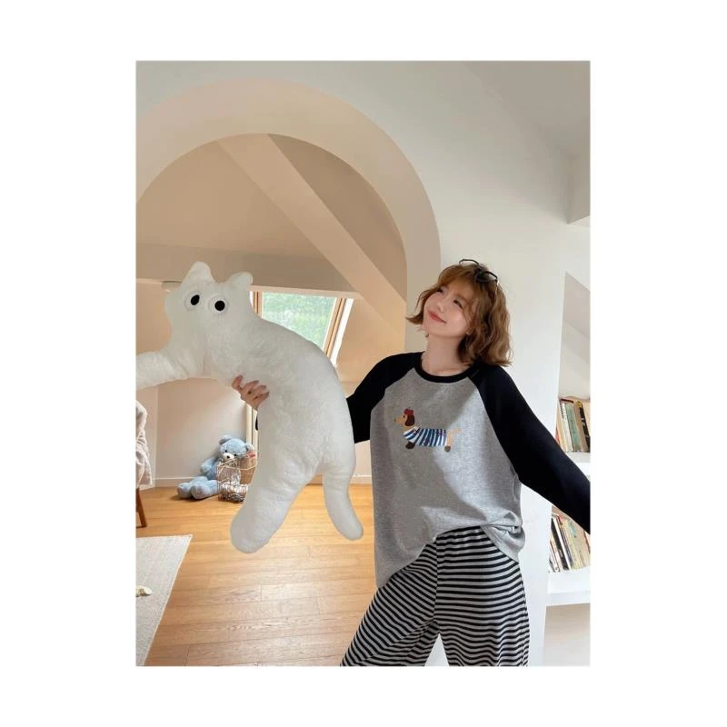 睡衣女秋冬新款长袖长裤纯棉韩版时尚简约家居服套装（线条小狗）