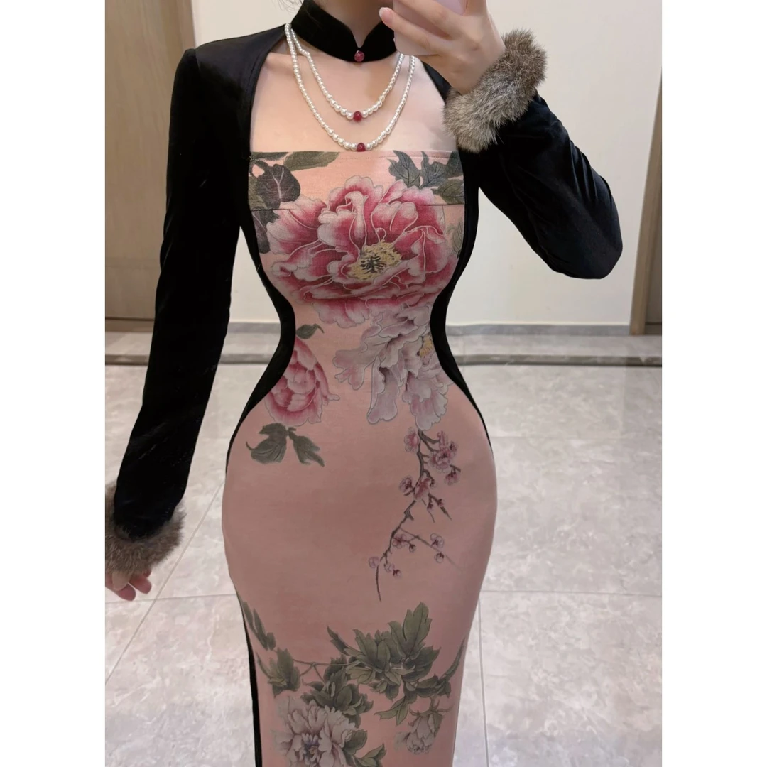 断码特价【花月】风情万种新中式改良秋冬丝绒旗袍长裙女人味显瘦