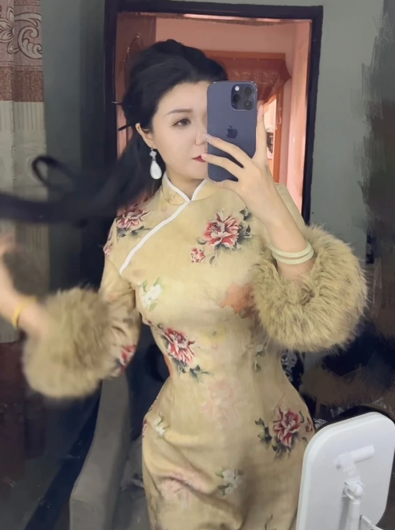 特价【剪秋】（不带袖毛）新中式弹力秋冬气质高级暗纹大袖长旗袍