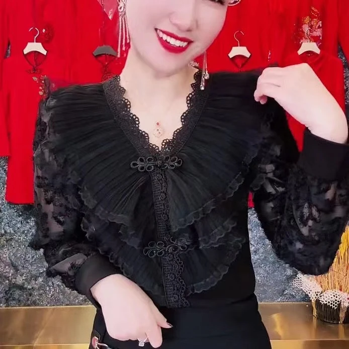 3856新款红色雪纺蕾丝打底衫显瘦仙气减龄韩版显瘦遮肉百搭时尚