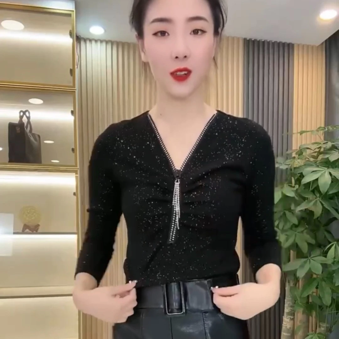 2023新款ins打底衫欧货满天星V领拉链弹力长袖T恤洋气时髦小衫