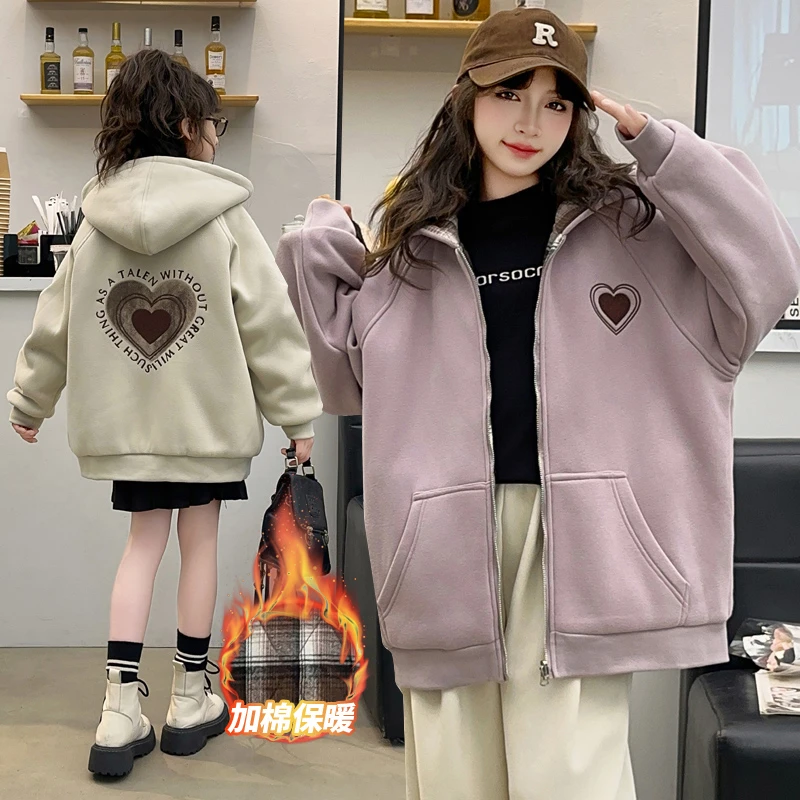 女童加绒外套秋冬款2024新款洋气儿童装加厚卫衣女大童冬季上衣潮
