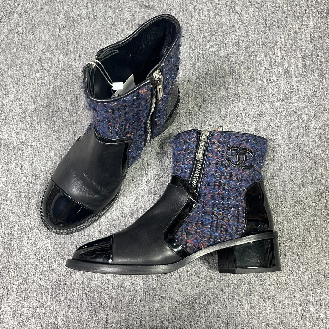 95新 Chanel/香奈儿 37.5码/女鞋折扣 蓝色粗花呢时尚粗跟短 1050