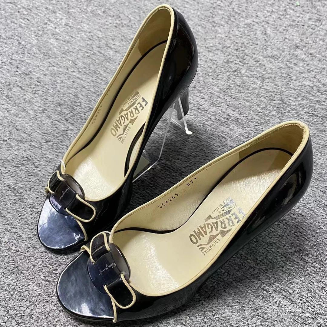 99新 FERRAGAMO/菲拉格慕 女鞋折扣 黑色蝴蝶结高跟鞋 36.5码1407