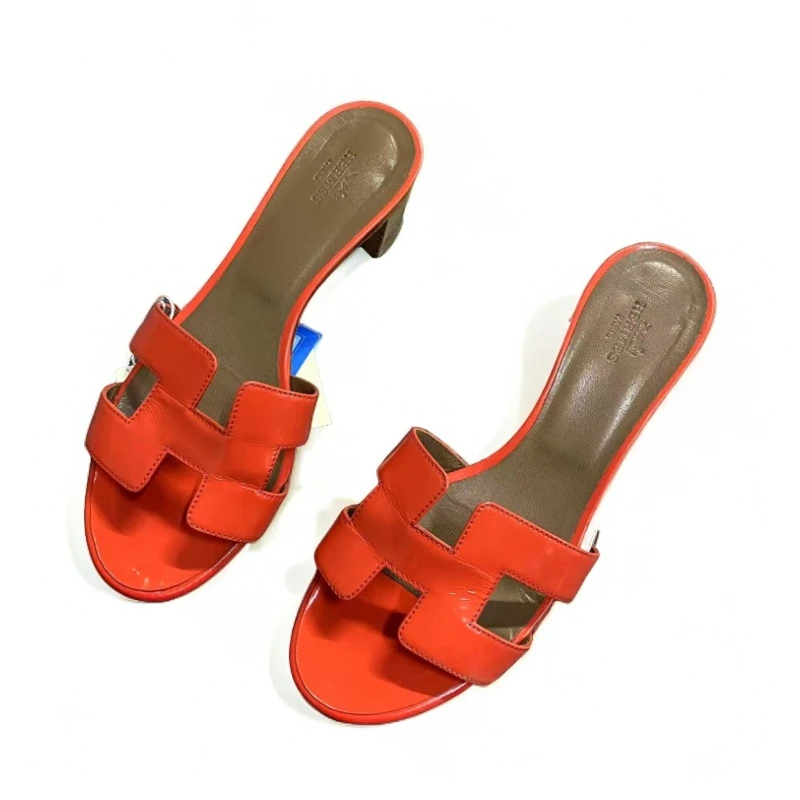 99新 Hermes/爱马仕 女鞋橙色时尚百搭粗跟低跟拖鞋37.5码 1306