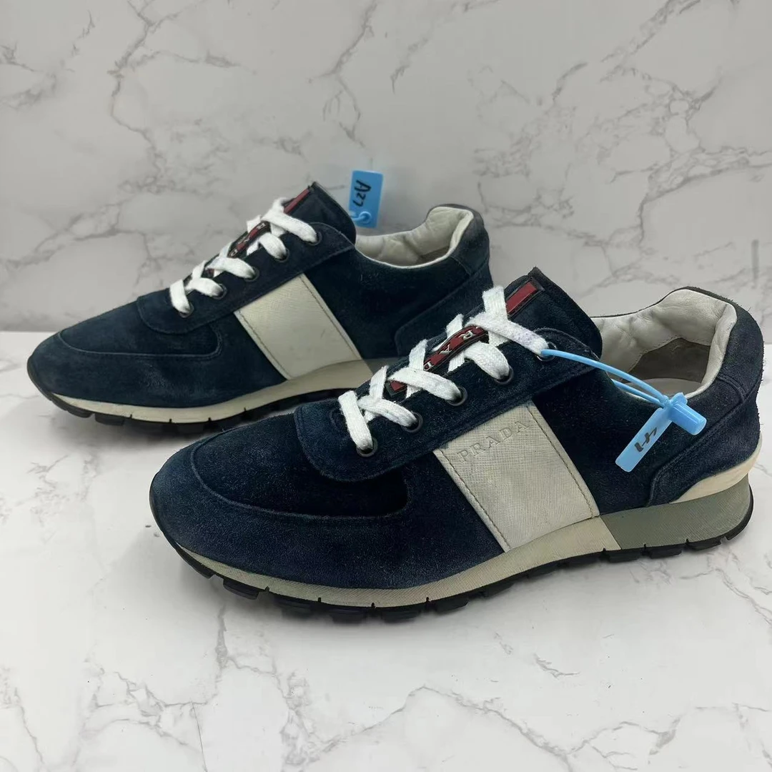 95新 Prada/普拉达 二手男士深蓝帆布白标休闲时尚舒适运动鞋41码